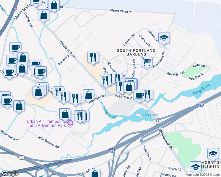 map of restaurants, bars, coffee shops, grocery stores, and more near 125 Western Avenue in South Portland