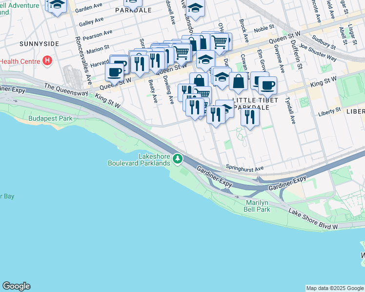 map of restaurants, bars, coffee shops, grocery stores, and more near 96 Dowling Avenue in Toronto
