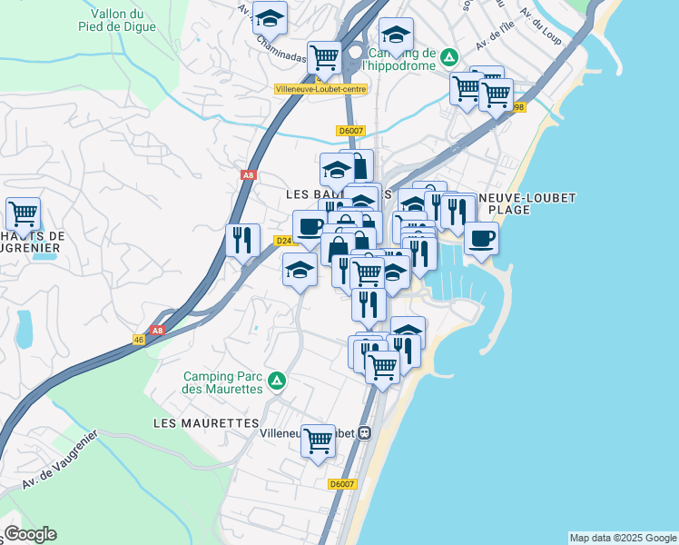 map of restaurants, bars, coffee shops, grocery stores, and more near 1614 Route Nationale 7 in Villeneuve-Loubet