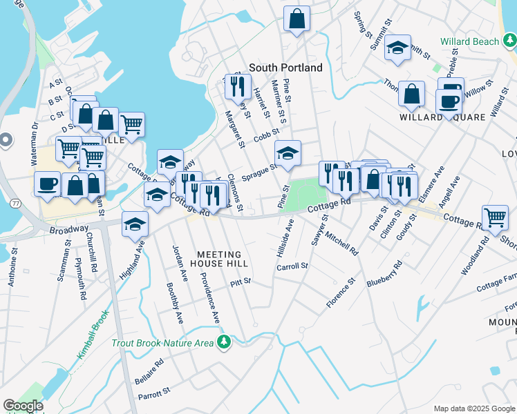 map of restaurants, bars, coffee shops, grocery stores, and more near 244 Cottage Road in South Portland