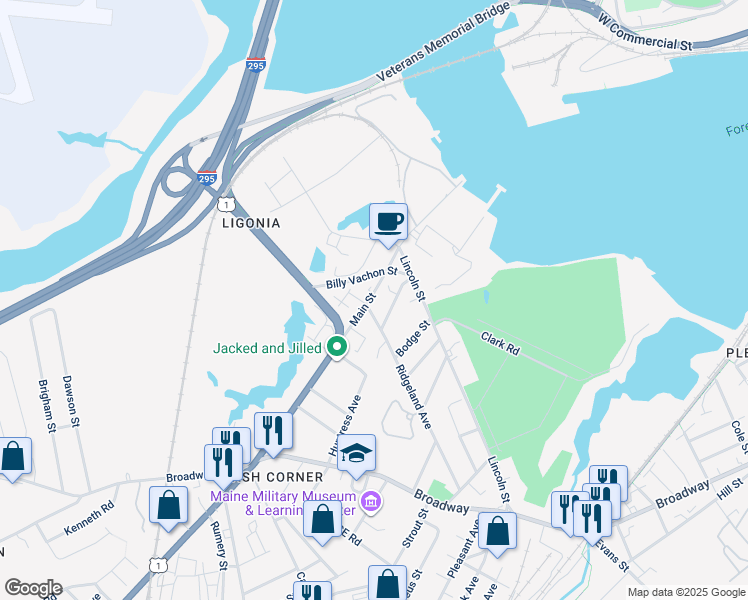 map of restaurants, bars, coffee shops, grocery stores, and more near 132 Main Street in South Portland