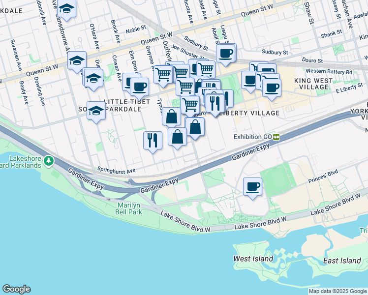 map of restaurants, bars, coffee shops, grocery stores, and more near in Toronto
