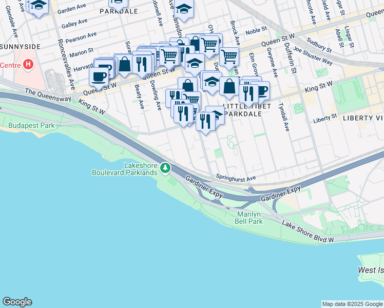 map of restaurants, bars, coffee shops, grocery stores, and more near in Toronto