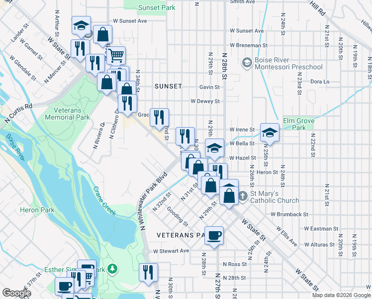 map of restaurants, bars, coffee shops, grocery stores, and more near 3006 West Hazel Street in Boise