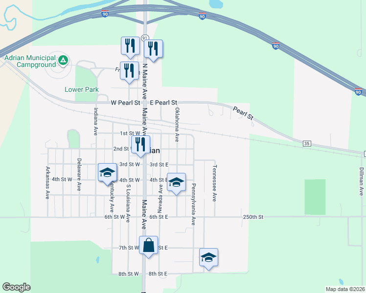 map of restaurants, bars, coffee shops, grocery stores, and more near 302 2nd Street East in Adrian
