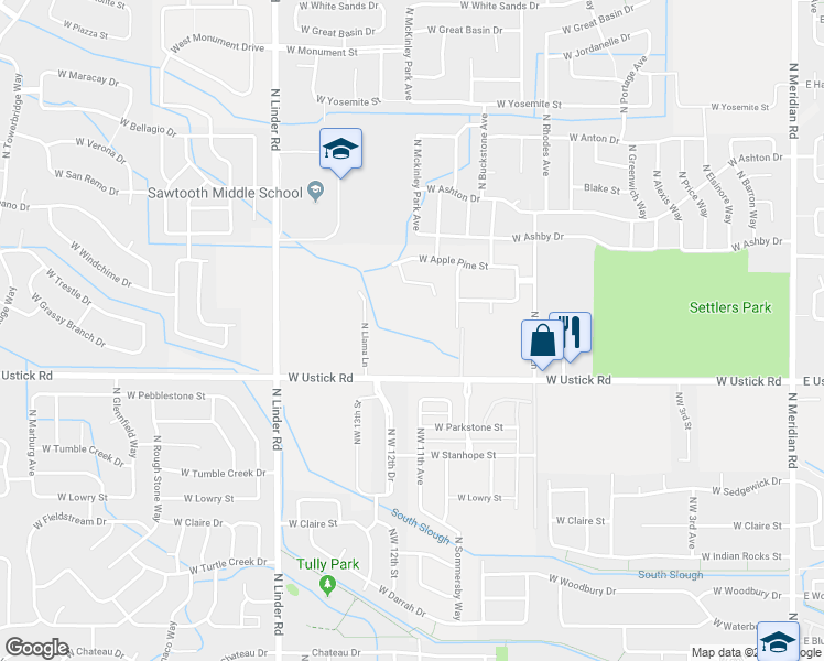 map of restaurants, bars, coffee shops, grocery stores, and more near 1193 West Crosswind Drive in Meridian