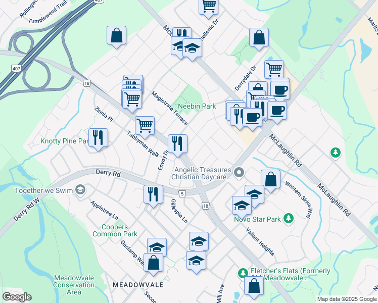 map of restaurants, bars, coffee shops, grocery stores, and more near 7074 Magistrate Terrace in Mississauga