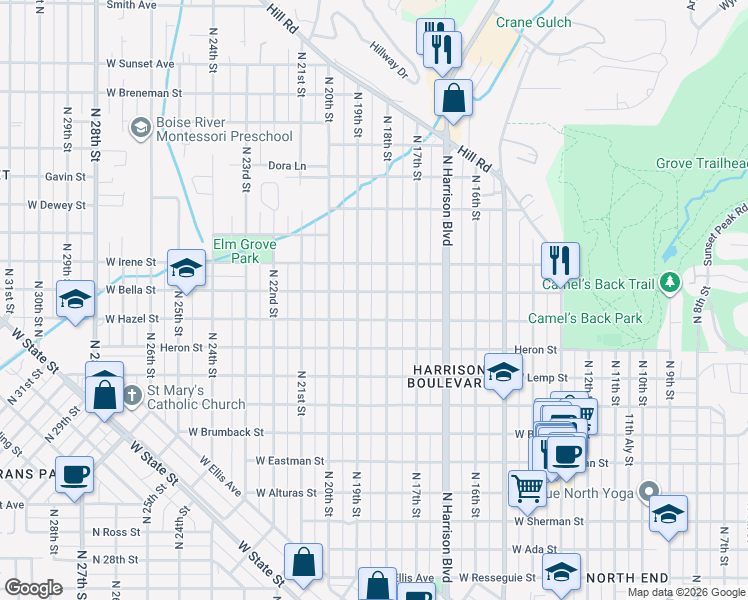 map of restaurants, bars, coffee shops, grocery stores, and more near 1845 West Bella Street in Boise