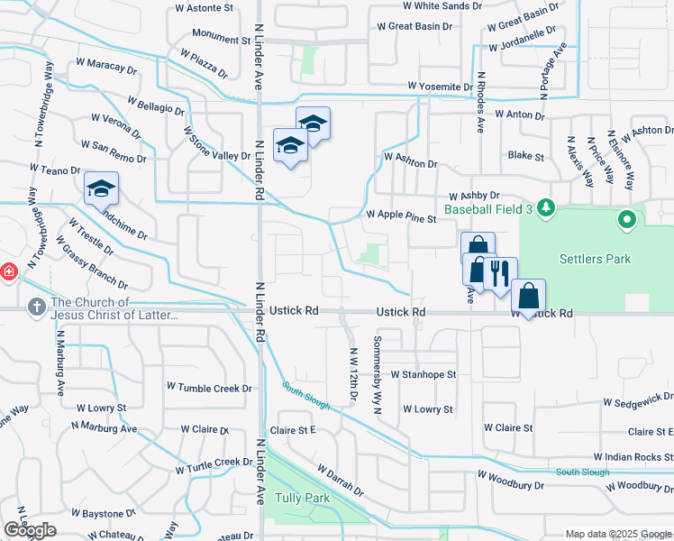map of restaurants, bars, coffee shops, grocery stores, and more near 1370 North Llama Lane in Meridian