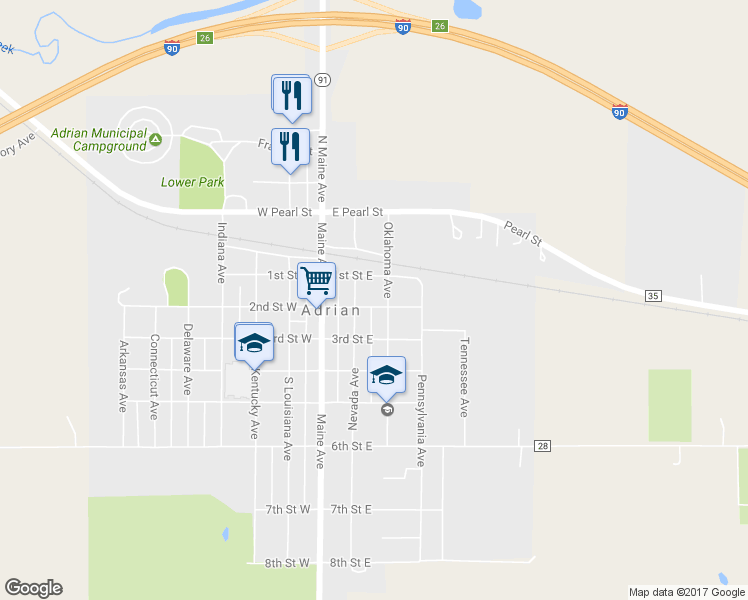 map of restaurants, bars, coffee shops, grocery stores, and more near 208 2nd Street East in Adrian