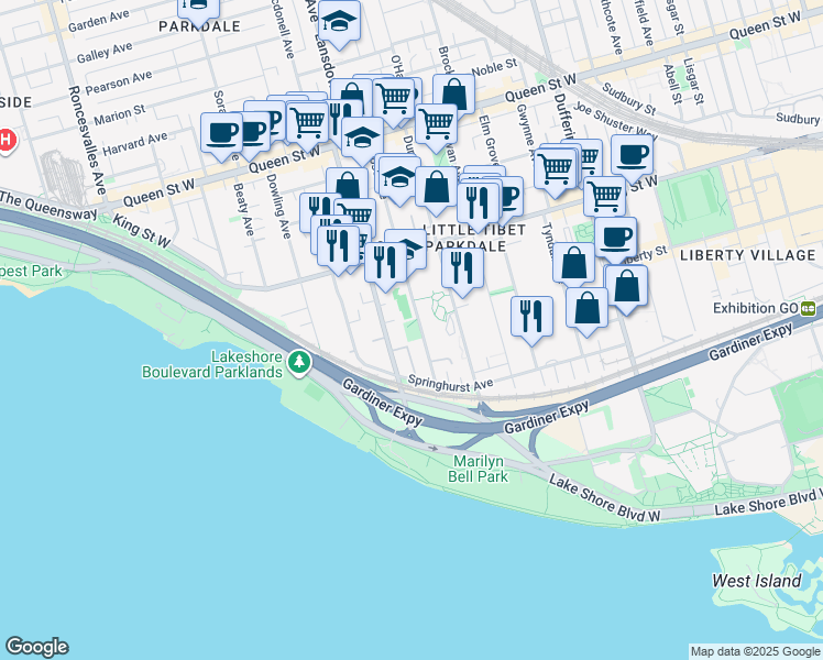 map of restaurants, bars, coffee shops, grocery stores, and more near 70 Close Avenue in Toronto