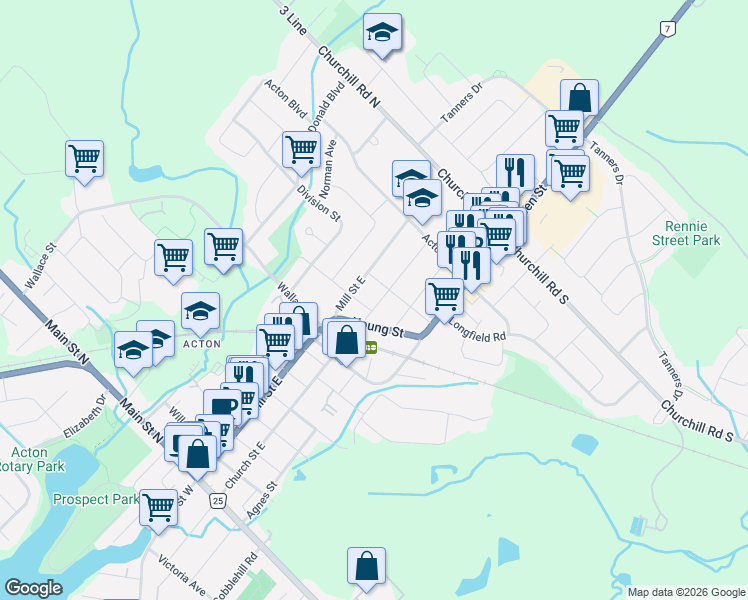 map of restaurants, bars, coffee shops, grocery stores, and more near 231 Arthur Street in Halton Hills