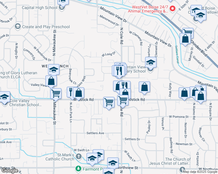 map of restaurants, bars, coffee shops, grocery stores, and more near 3383 N Cole Rd in Boise