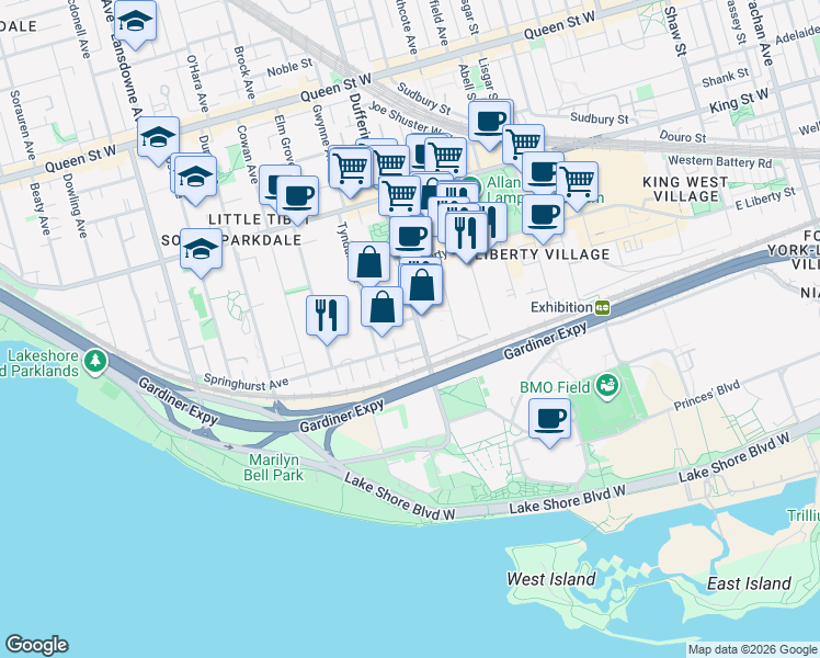 map of restaurants, bars, coffee shops, grocery stores, and more near 7 Thorburn Avenue in Toronto