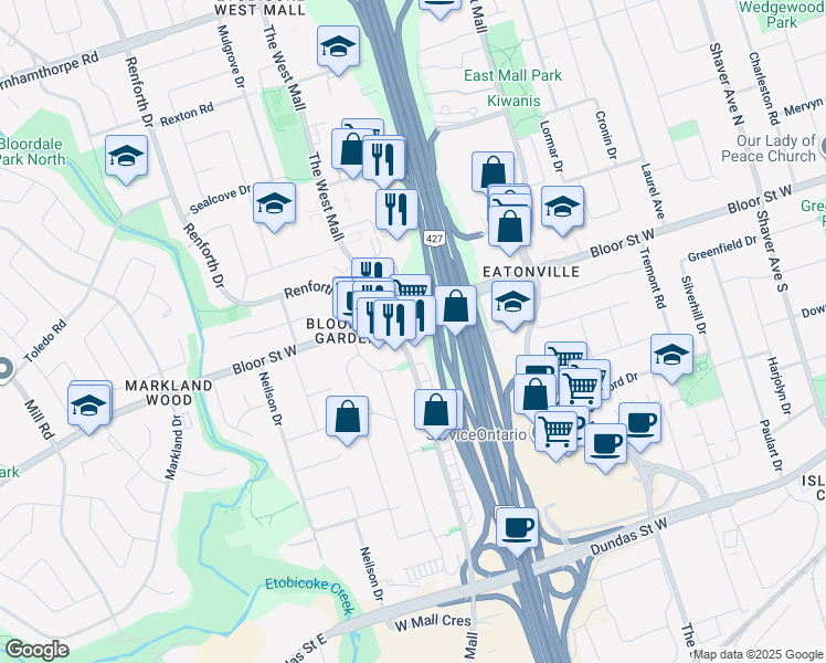 map of restaurants, bars, coffee shops, grocery stores, and more near in Toronto