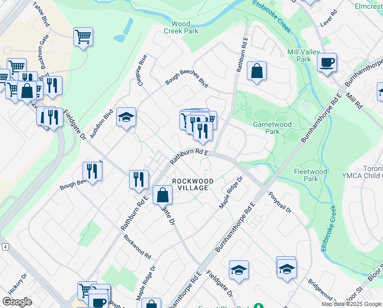 map of restaurants, bars, coffee shops, grocery stores, and more near 1850 Rathburn Road East in Mississauga