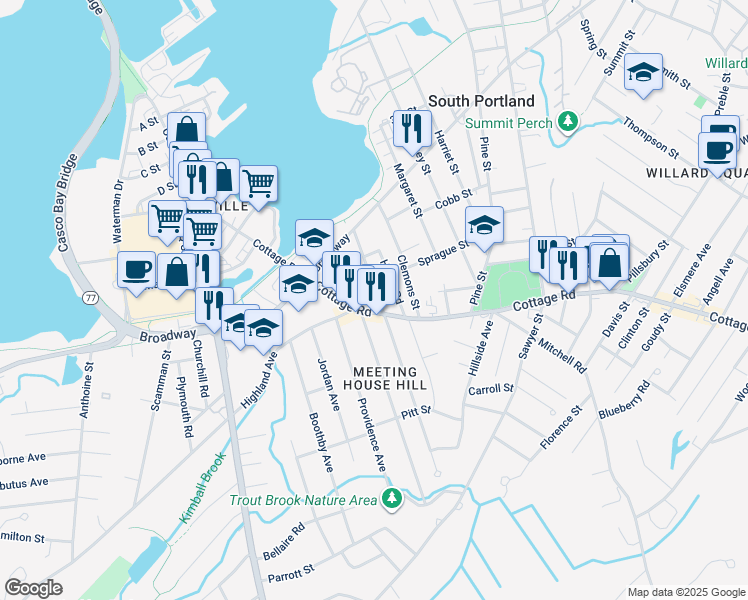 map of restaurants, bars, coffee shops, grocery stores, and more near 186 Cottage Road in South Portland