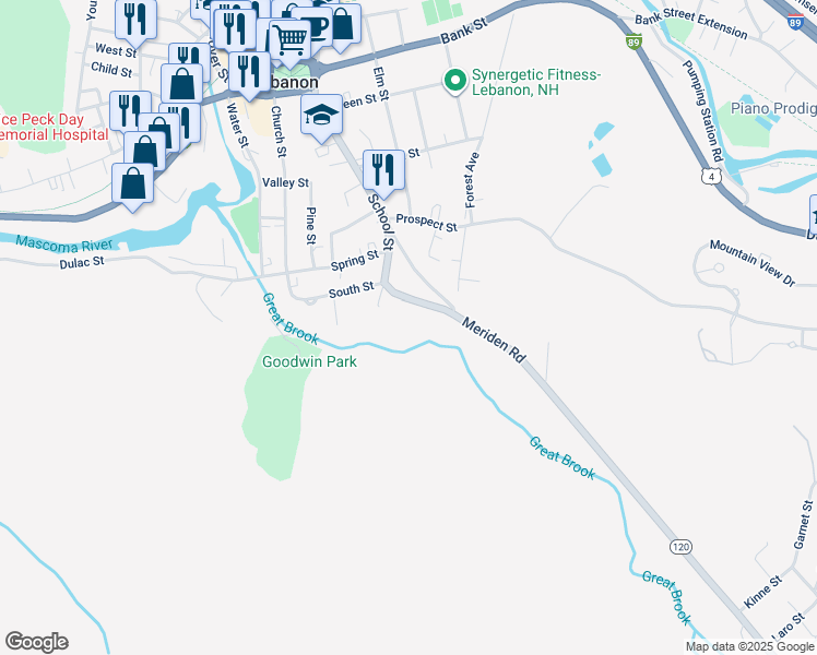 map of restaurants, bars, coffee shops, grocery stores, and more near 5 College Avenue in Lebanon