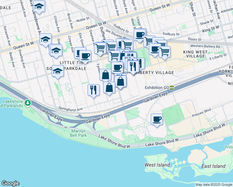 map of restaurants, bars, coffee shops, grocery stores, and more near 163 Dufferin Street in Toronto