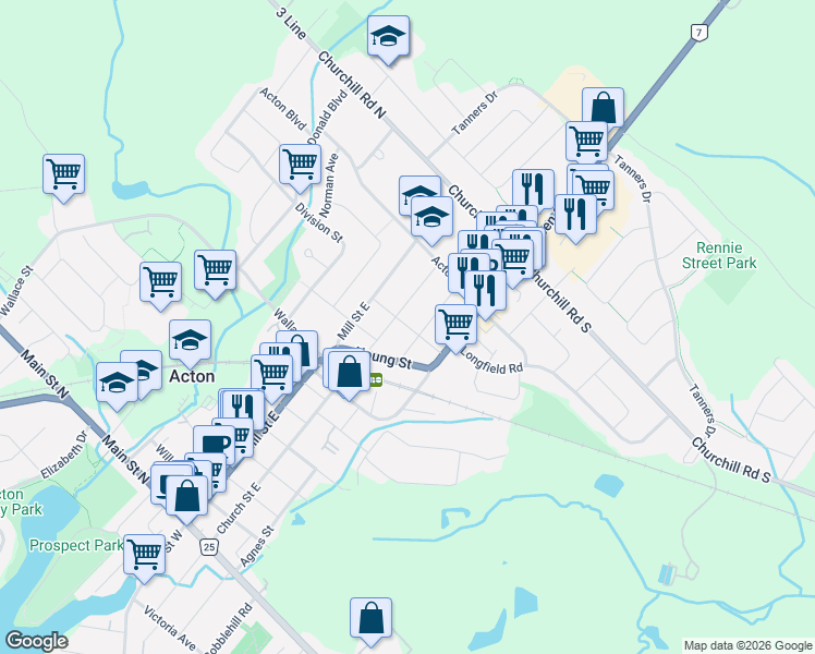 map of restaurants, bars, coffee shops, grocery stores, and more near 55 Wellington Street in Acton