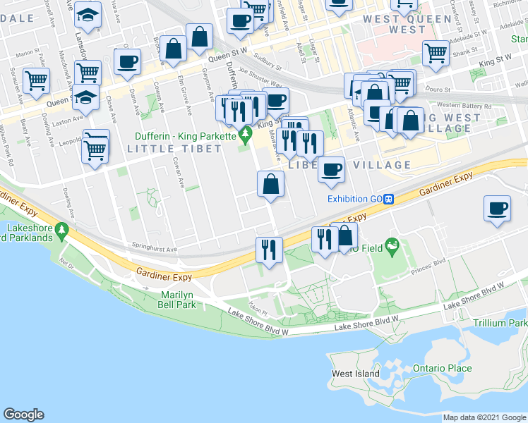 map of restaurants, bars, coffee shops, grocery stores, and more near 5 Thorburn Avenue in Toronto