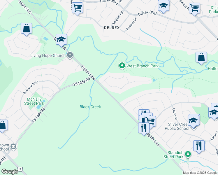 map of restaurants, bars, coffee shops, grocery stores, and more near 24 Foxtail Court in Halton Hills