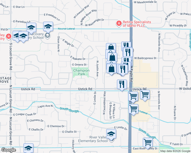 map of restaurants, bars, coffee shops, grocery stores, and more near 3338 North Gaviola Avenue in Meridian