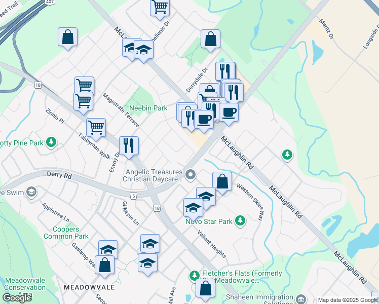 map of restaurants, bars, coffee shops, grocery stores, and more near 7086 Village Walk in Mississauga