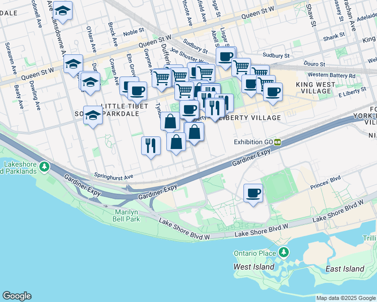 map of restaurants, bars, coffee shops, grocery stores, and more near 5 Thorburn Avenue in Toronto