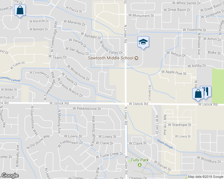 map of restaurants, bars, coffee shops, grocery stores, and more near 1123 West Crosswind Street in Meridian