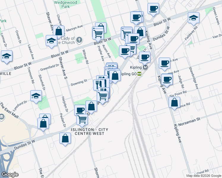 map of restaurants, bars, coffee shops, grocery stores, and more near 5365 Dundas Street West in Toronto