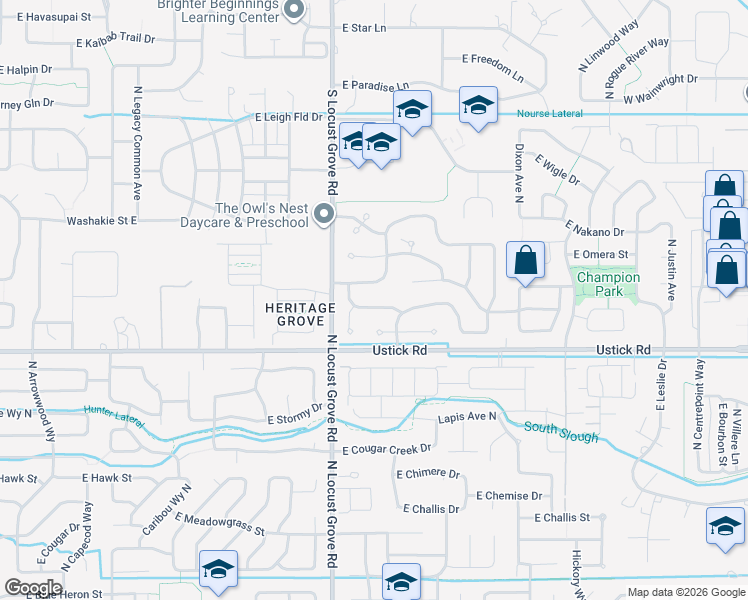 map of restaurants, bars, coffee shops, grocery stores, and more near 1737 East Summerfalls Drive in Meridian