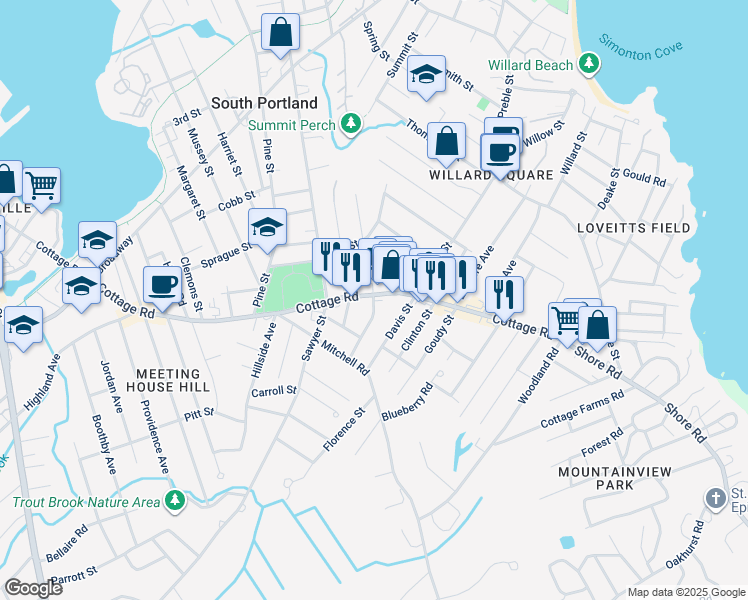 map of restaurants, bars, coffee shops, grocery stores, and more near 6 Fairlawn Ave in South Portland