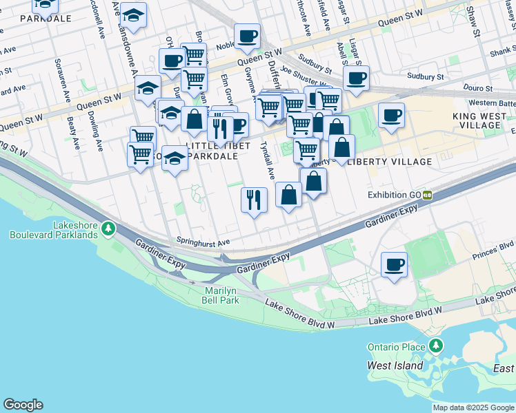map of restaurants, bars, coffee shops, grocery stores, and more near 35 Spencer Avenue in Toronto