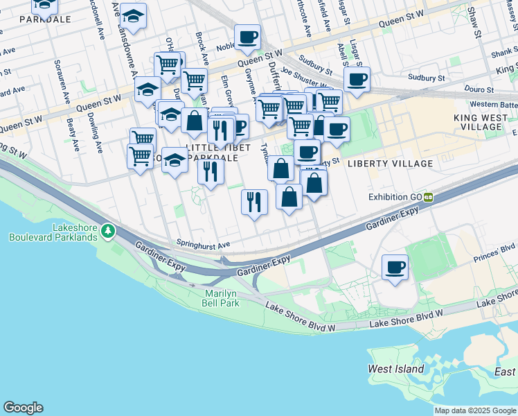 map of restaurants, bars, coffee shops, grocery stores, and more near 35 Spencer Avenue in Toronto