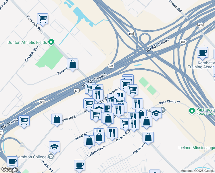 map of restaurants, bars, coffee shops, grocery stores, and more near 5965 Coopers Avenue in Mississauga
