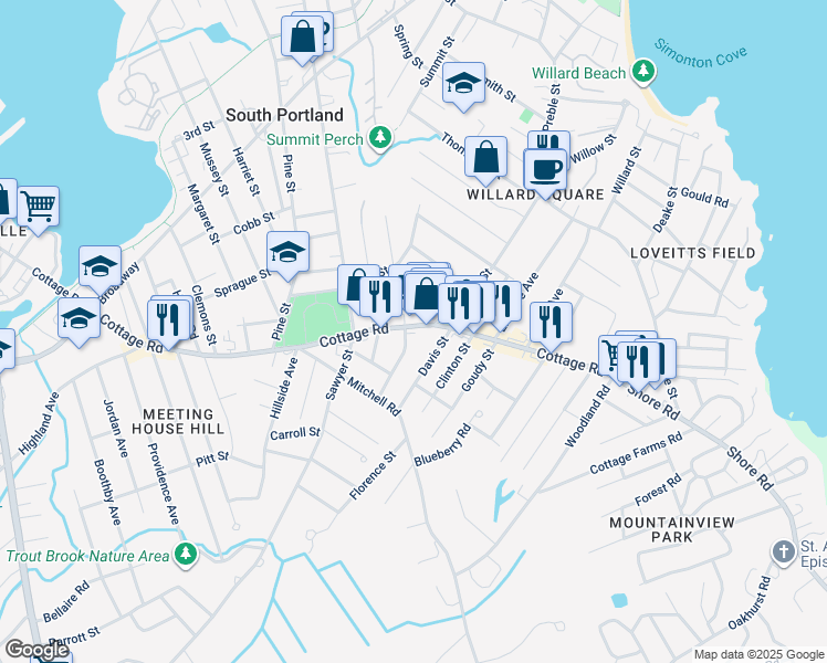 map of restaurants, bars, coffee shops, grocery stores, and more near 6 Fairlawn Avenue in South Portland