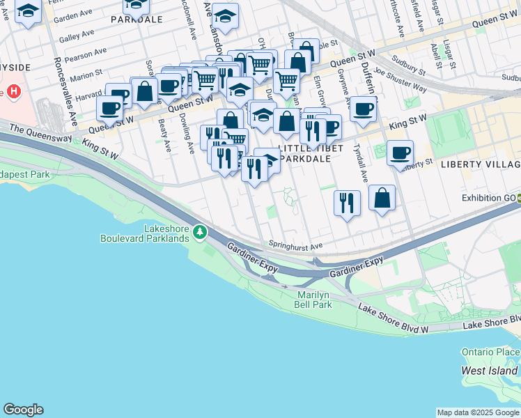 map of restaurants, bars, coffee shops, grocery stores, and more near 90 Springhurst Avenue in Toronto
