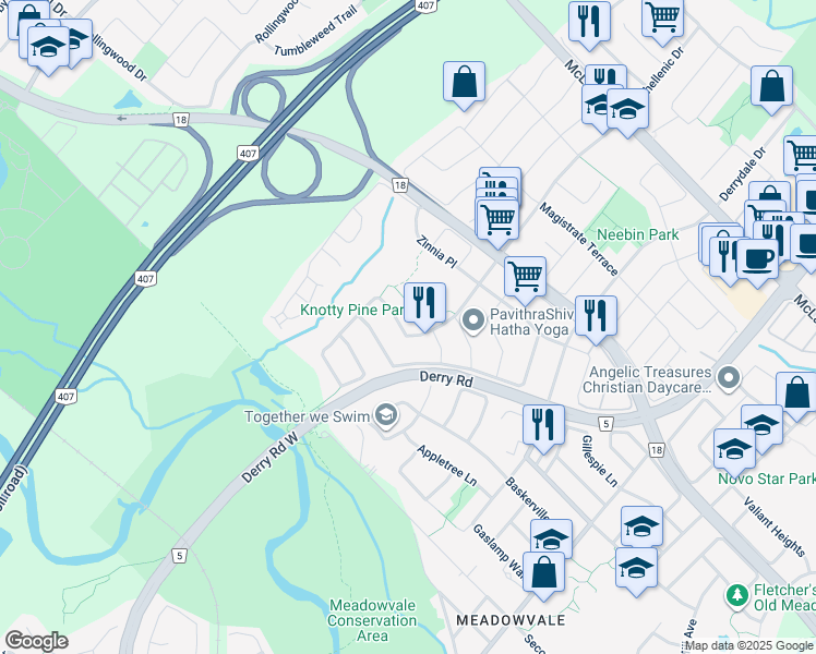 map of restaurants, bars, coffee shops, grocery stores, and more near in Mississauga