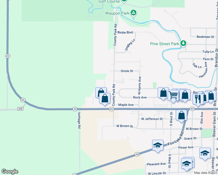 map of restaurants, bars, coffee shops, grocery stores, and more near 1109 Rock Avenue in Waupun