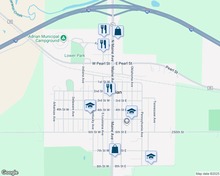 map of restaurants, bars, coffee shops, grocery stores, and more near 117 Maine Avenue in Adrian
