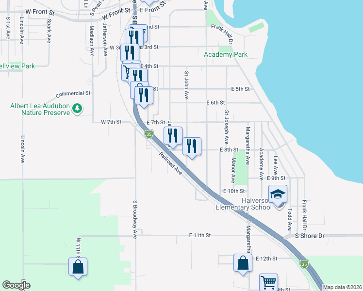 map of restaurants, bars, coffee shops, grocery stores, and more near 320 East 8th Street in Albert Lea
