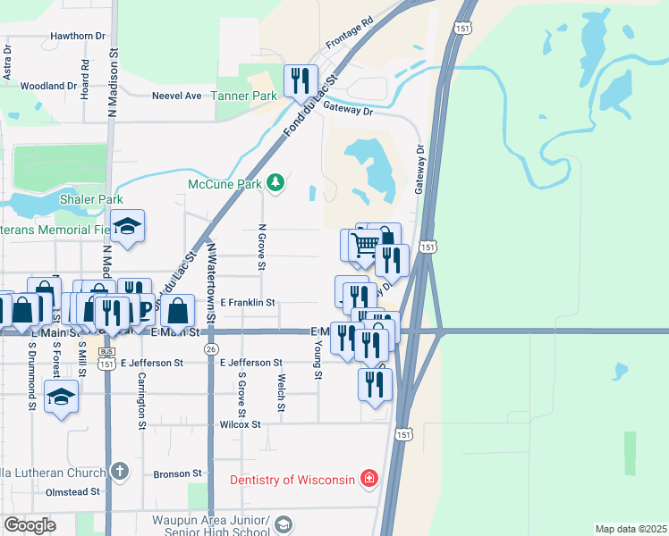 map of restaurants, bars, coffee shops, grocery stores, and more near 10 Pluim Drive in Waupun