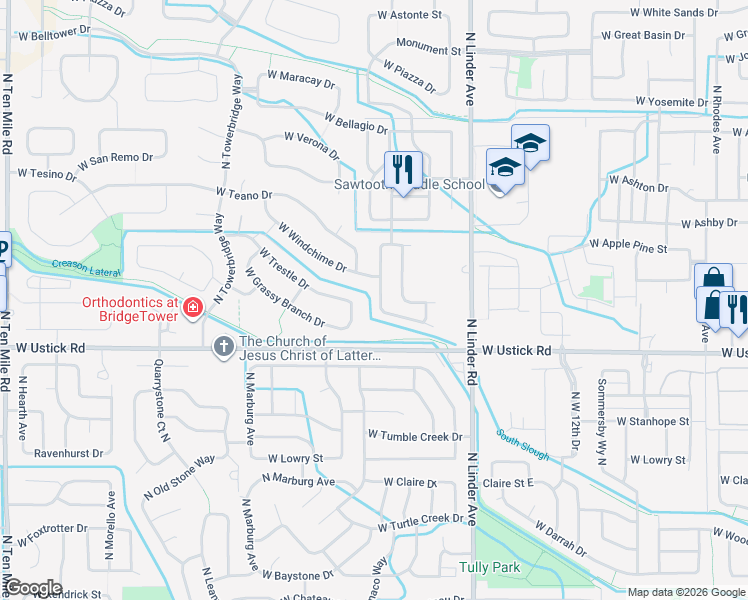 map of restaurants, bars, coffee shops, grocery stores, and more near 3323 North Sirocco Avenue in Meridian