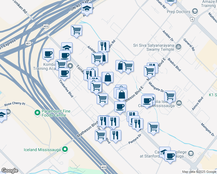 map of restaurants, bars, coffee shops, grocery stores, and more near 1020 Brevik Place in Mississauga