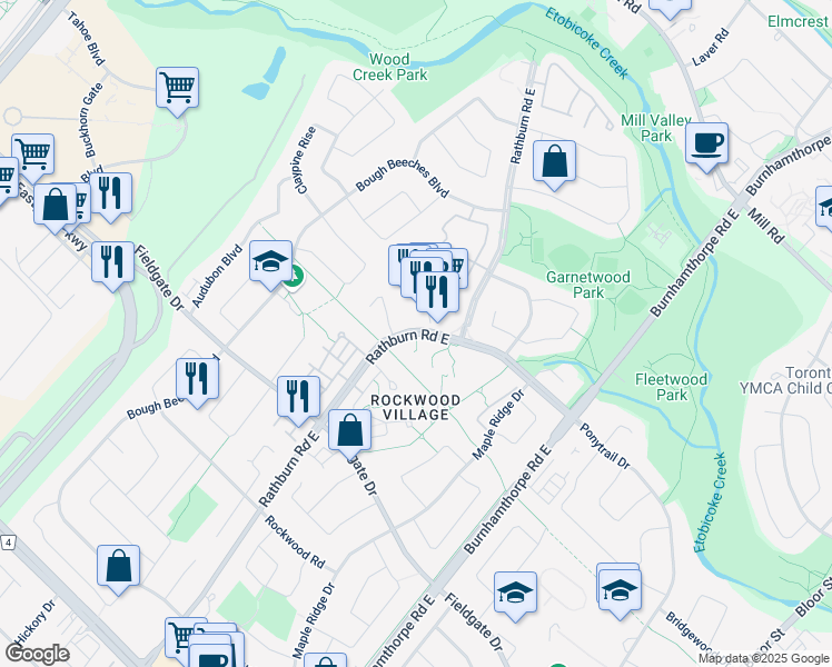 map of restaurants, bars, coffee shops, grocery stores, and more near 1850 Rathburn Road East in Mississauga