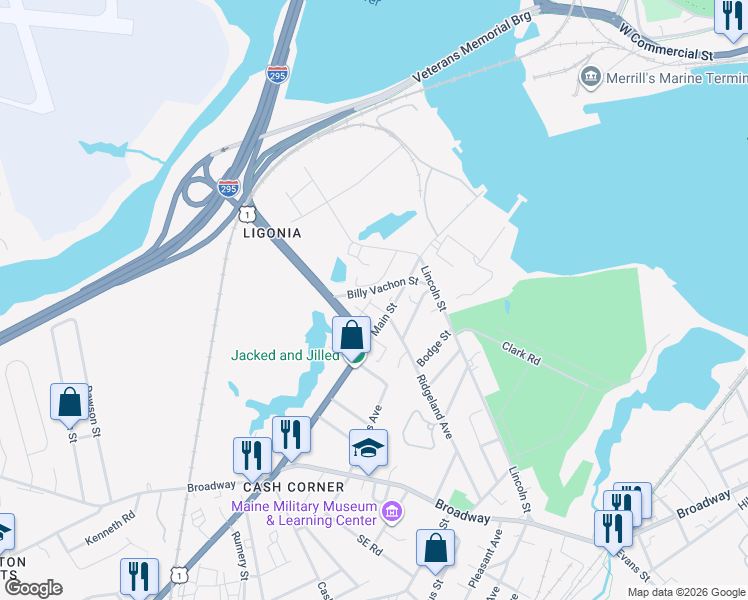map of restaurants, bars, coffee shops, grocery stores, and more near 11 Gately Street in South Portland