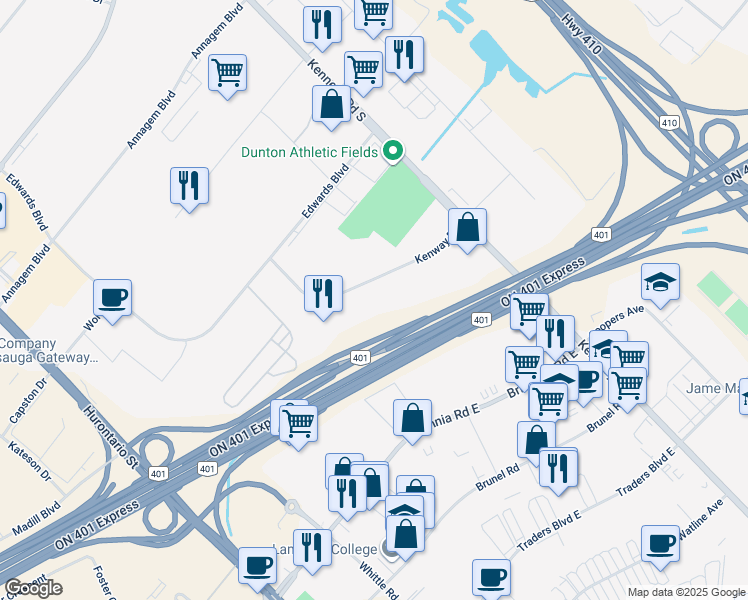 map of restaurants, bars, coffee shops, grocery stores, and more near 6200 Kenway Drive in Mississauga
