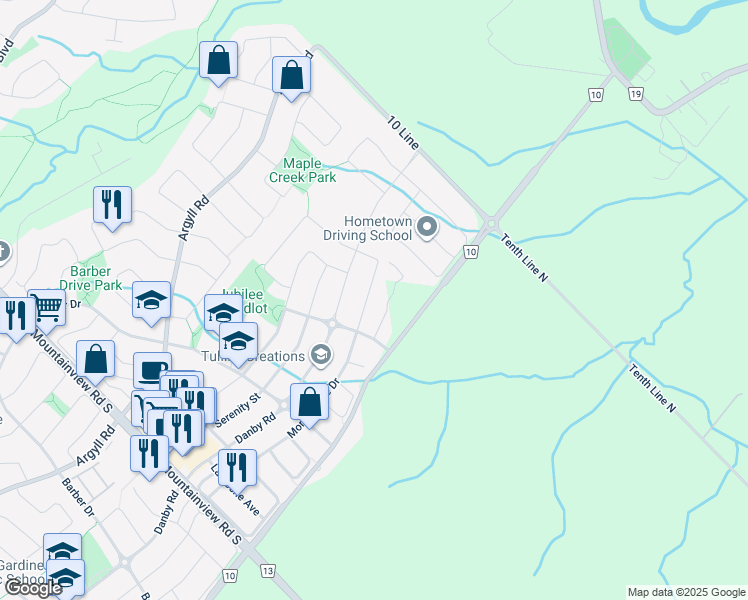 map of restaurants, bars, coffee shops, grocery stores, and more near 126 Morningside Drive in Halton Hills