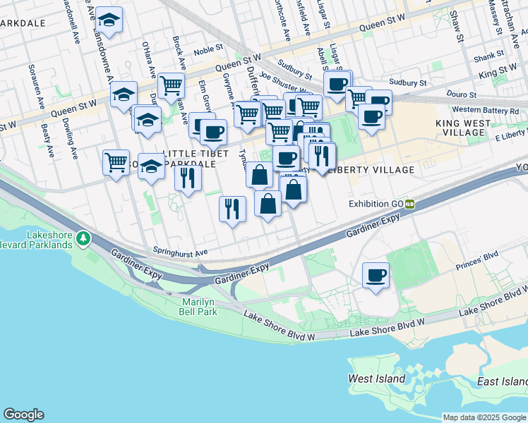 map of restaurants, bars, coffee shops, grocery stores, and more near in Toronto